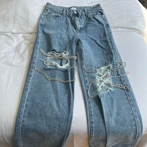 Forever 21 wide leg jeans with rips and rhinestone/pearl details
